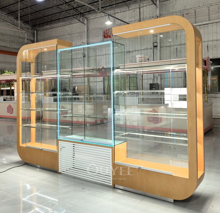 Curved Wood Freestanding Display Cabinet with Glass Center 02