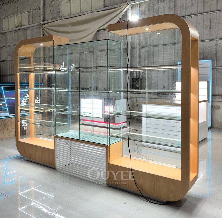 Curved Wood Freestanding Display Cabinet with Glass Center 03