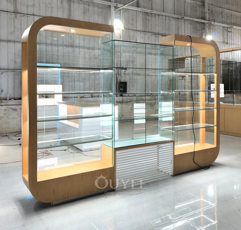 Curved Wood Freestanding Display Cabinet with Glass Center 04