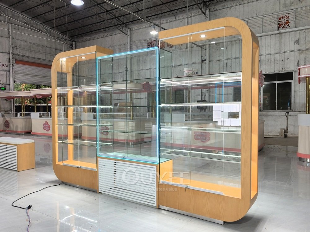 Curved Wood Freestanding Display Cabinet with Glass Center 05