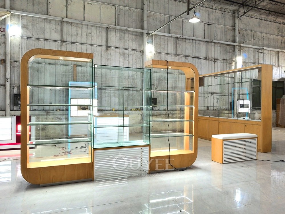 Curved Wood Freestanding Display Cabinet with Glass Center 06