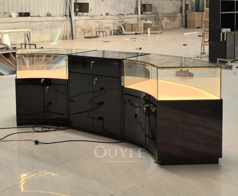 Curved Wood Grain Glass Showcase Island with Rounded Corners 01