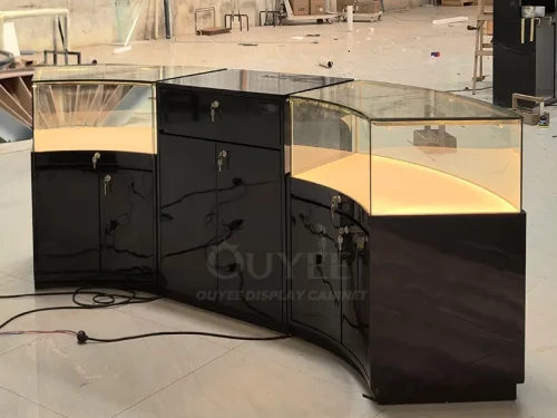 Curved Wood Grain Glass Showcase Island with Rounded Corners 01