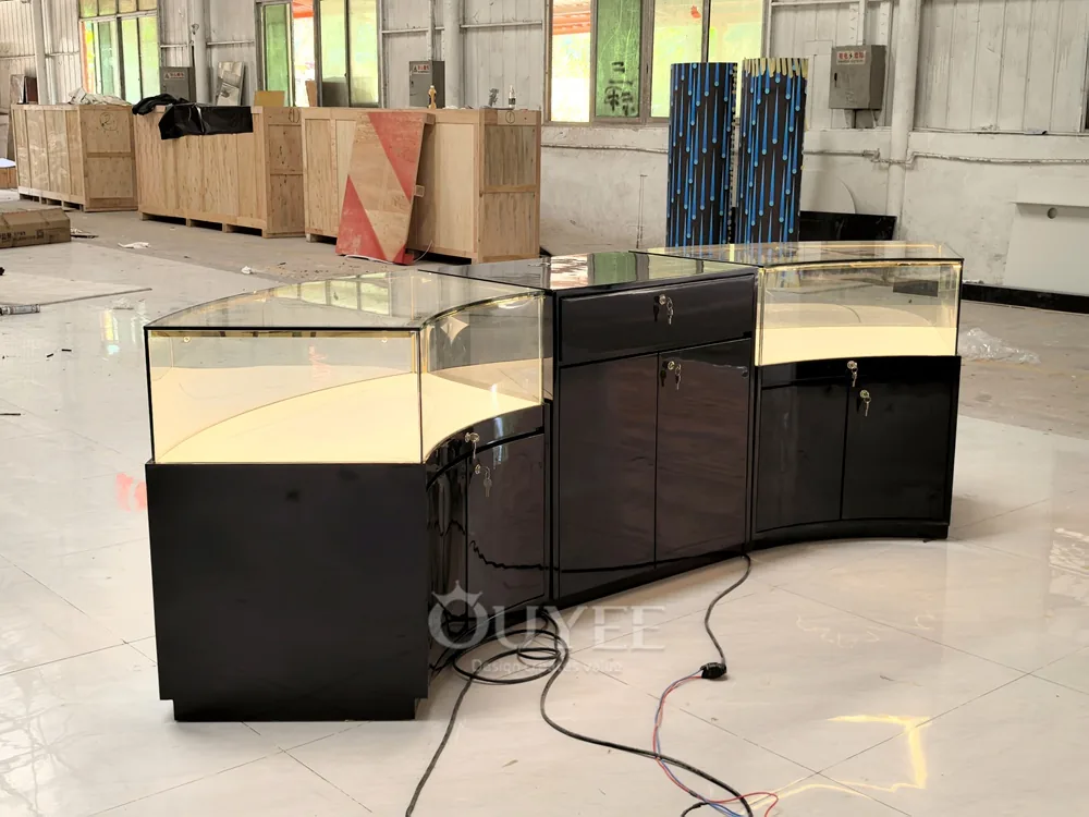 Curved Wood Grain Glass Showcase Island with Rounded Corners 02