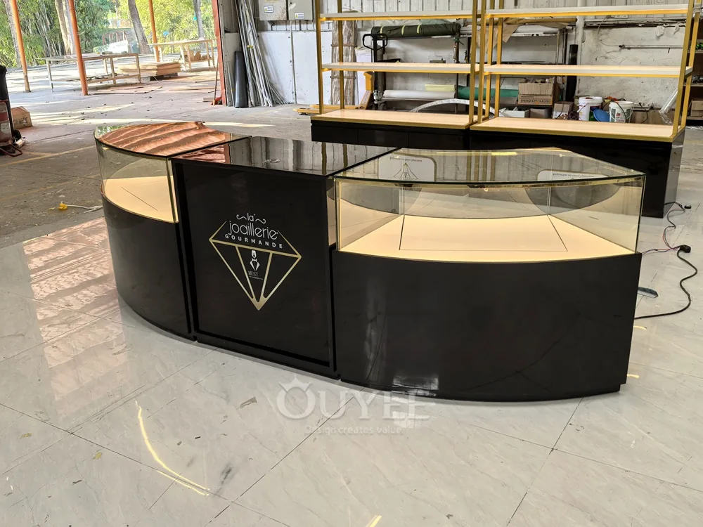 Curved Wood Grain Glass Showcase Island with Rounded Corners 03