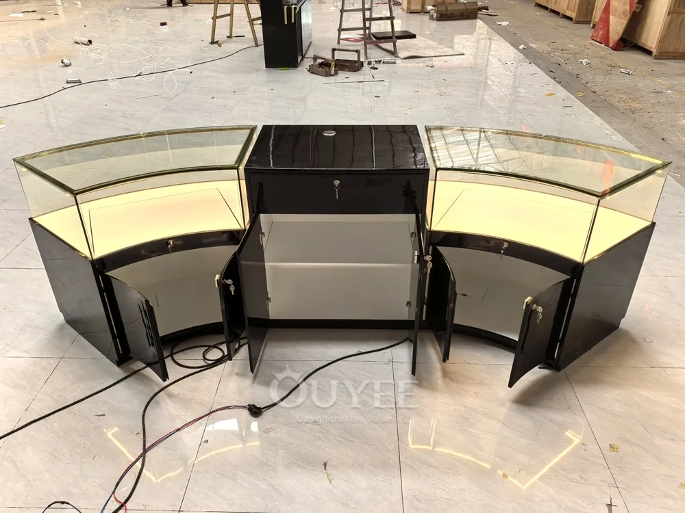 Curved Wood Grain Glass Showcase Island with Rounded Corners 04