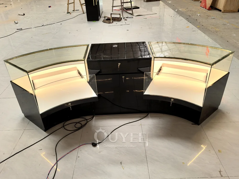 Curved Wood Grain Glass Showcase Island with Rounded Corners 05