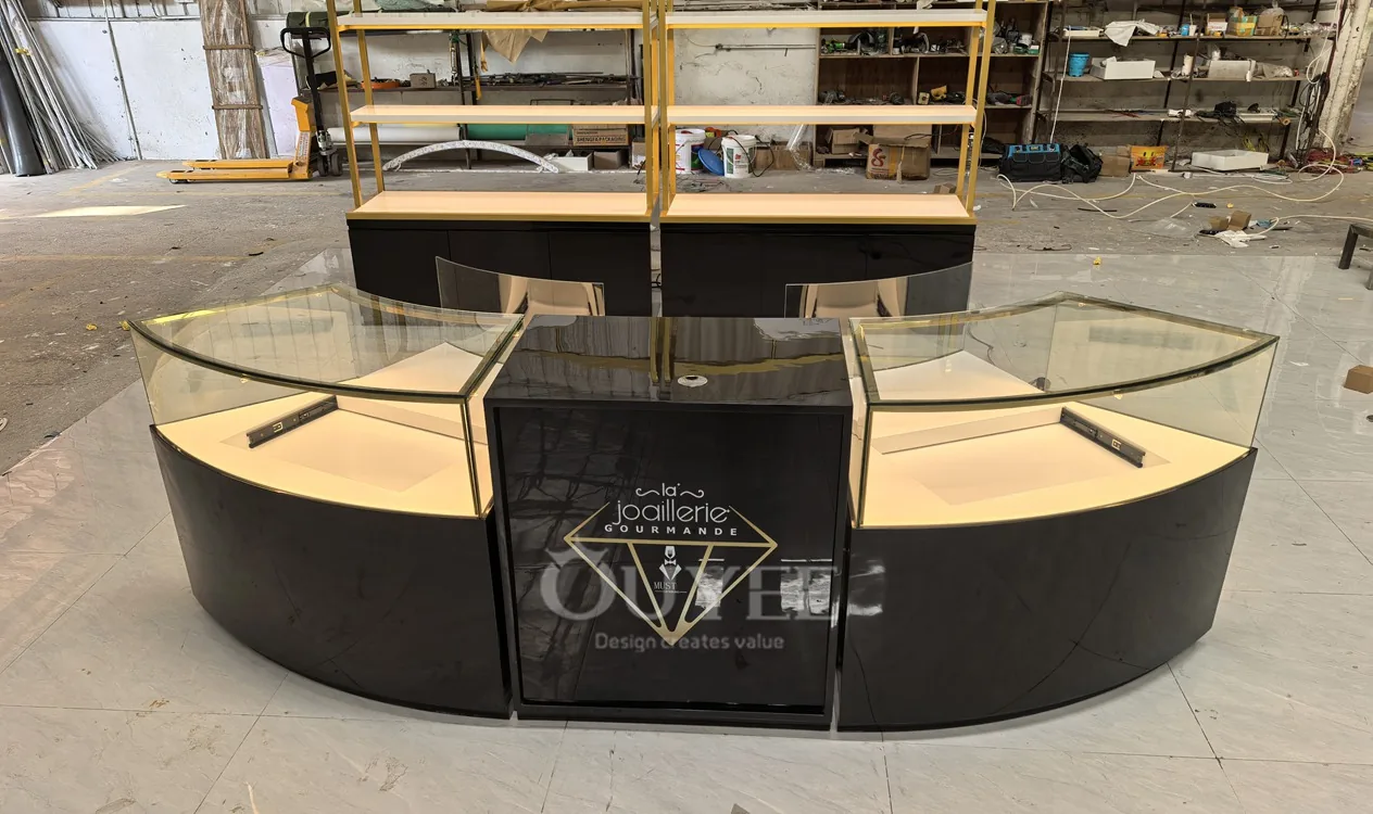 Curved Wood Grain Glass Showcase Island with Rounded Corners 06