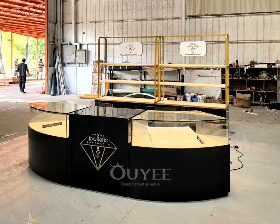 Curved Wood Grain Glass Showcase Island with Rounded Corners 07