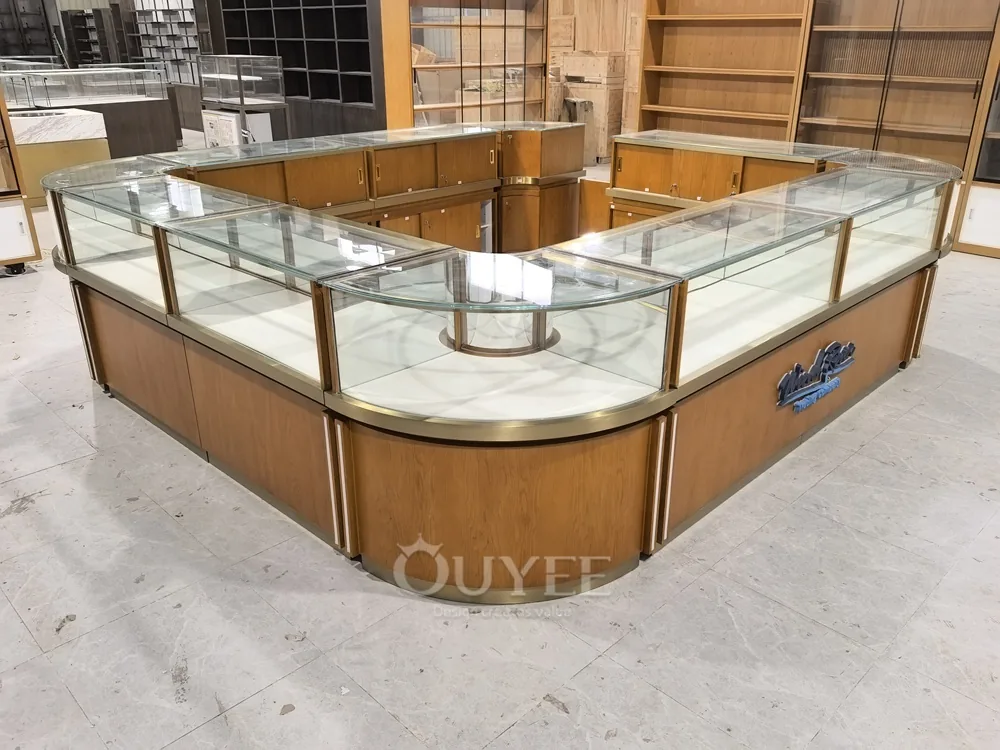 Curved Wood Jewelry Glass Showcase Island with Corner Entry 01