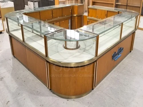 Curved Wood Jewelry Glass Showcase Island with Corner Entry 01