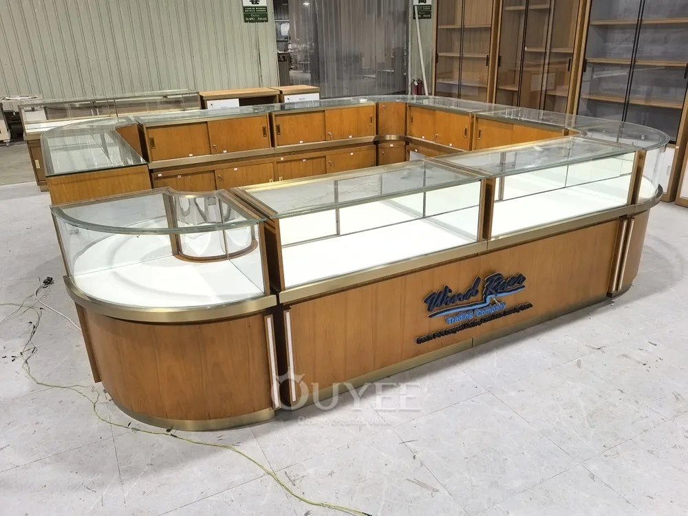 Curved Wood Jewelry Glass Showcase Island with Corner Entry 02