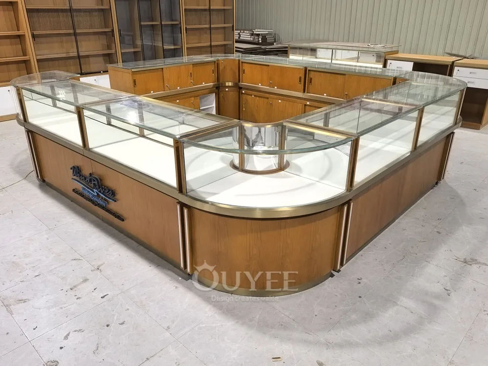 Curved Wood Jewelry Glass Showcase Island with Corner Entry 03
