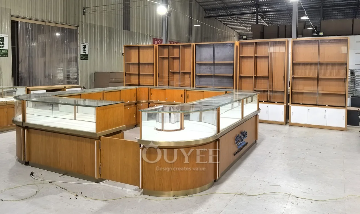 Curved Wood Jewelry Glass Showcase Island with Corner Entry 06