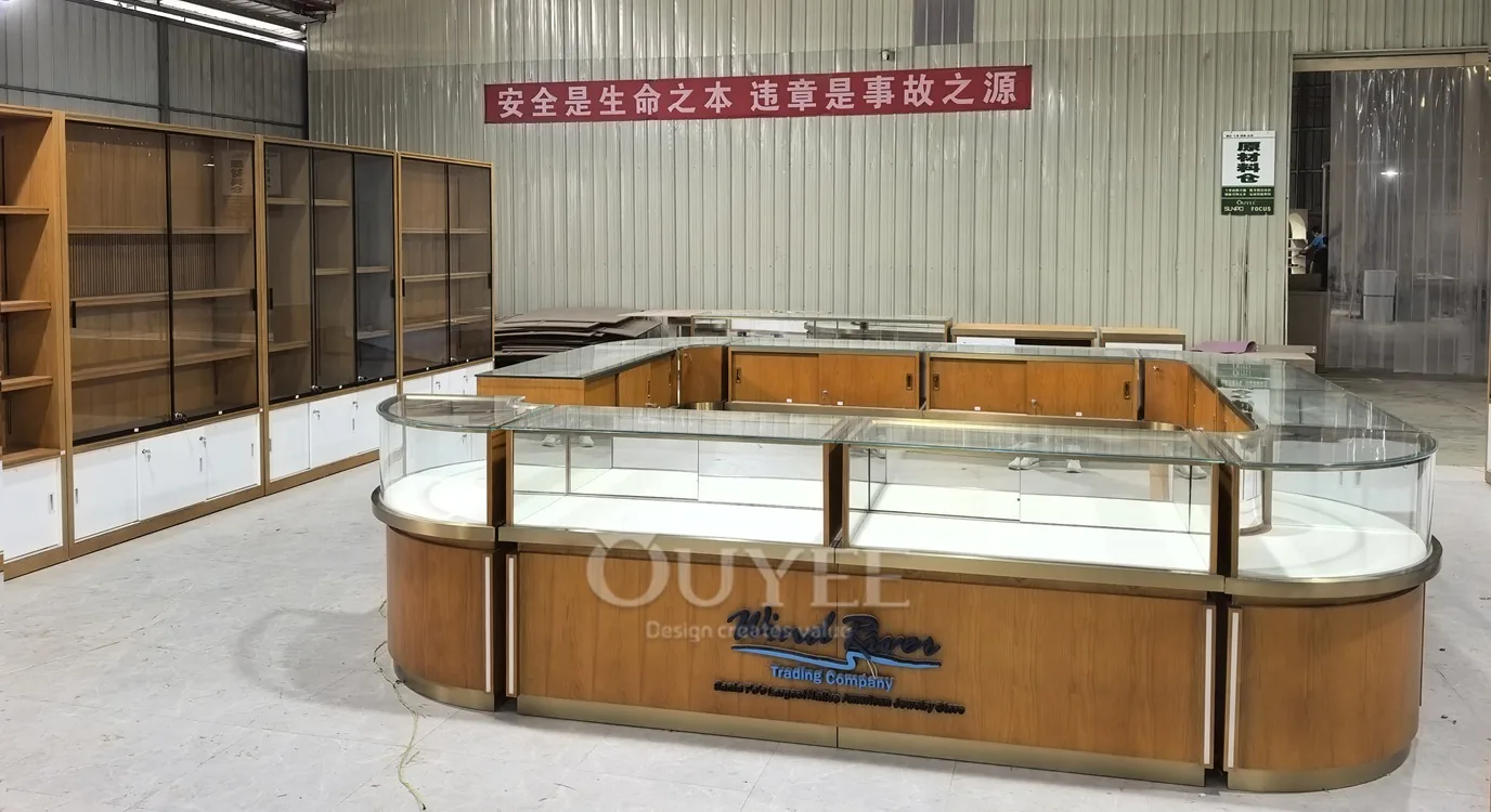 Curved Wood Jewelry Glass Showcase Island with Corner Entry 07