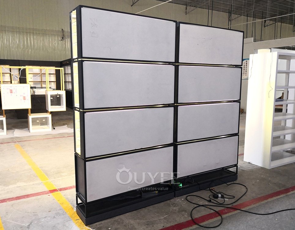 Double Sided Backlit Glass Display Wall with Black Frame 01