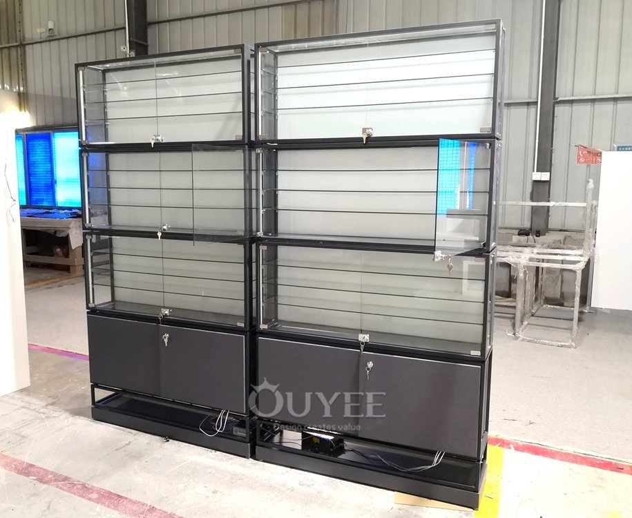 Double Sided Backlit Glass Display Wall with Black Frame 02