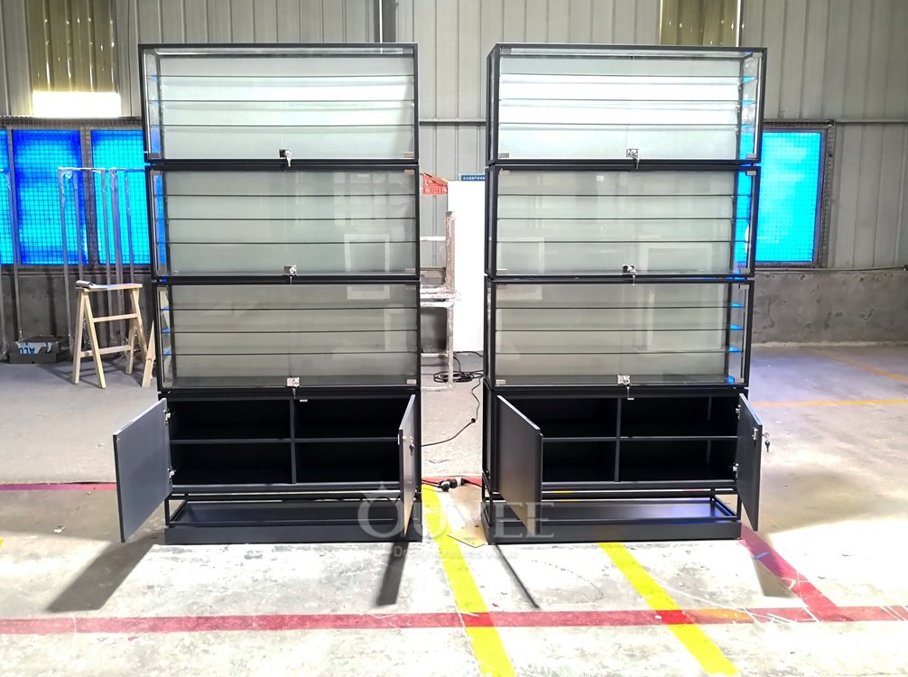 Double Sided Backlit Glass Display Wall with Black Frame 06