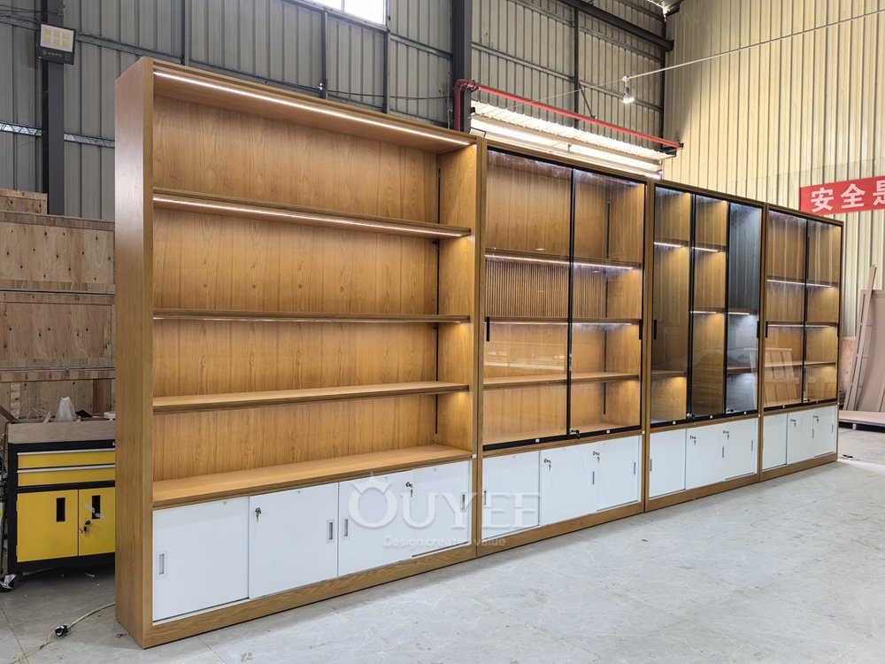 Freestanding Wood and Glass Display Cabinet with Storage Base 02