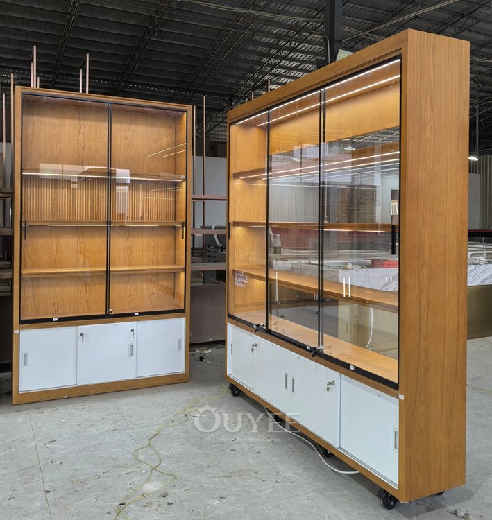 Freestanding Wood and Glass Display Cabinet with Storage Base 03