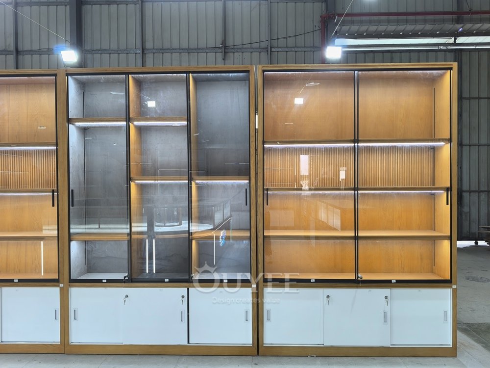 Freestanding Wood and Glass Display Cabinet with Storage Base 05