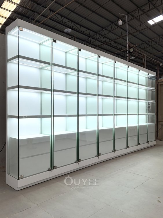Frosted White Glass Display Cabinet Wall with Base Storage 01