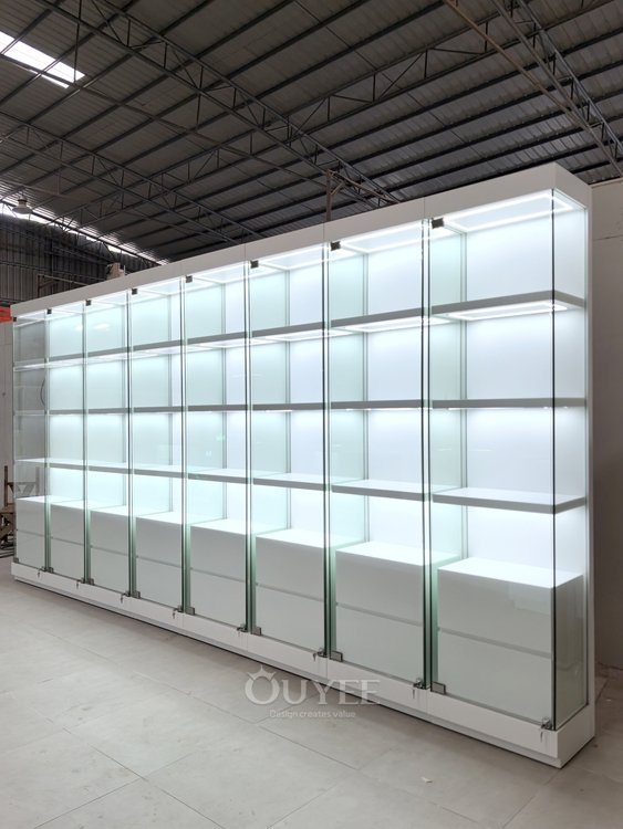 Frosted White Glass Display Cabinet Wall with Base Storage 02