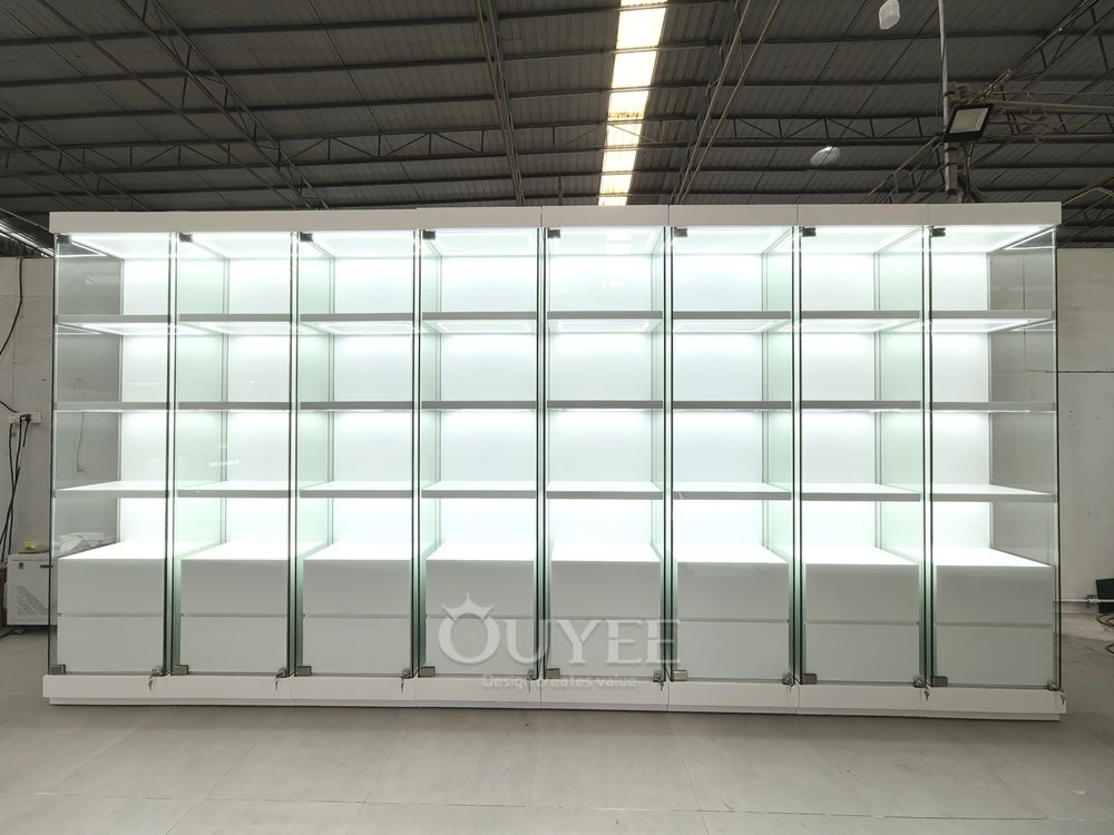 Frosted White Glass Display Cabinet Wall with Base Storage 03