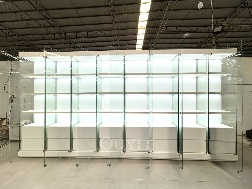 Frosted White Glass Display Cabinet Wall with Base Storage 04