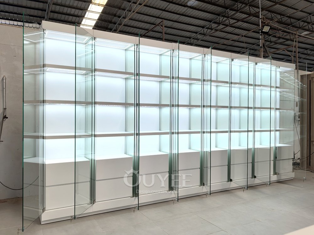 Frosted White Glass Display Cabinet Wall with Base Storage 05