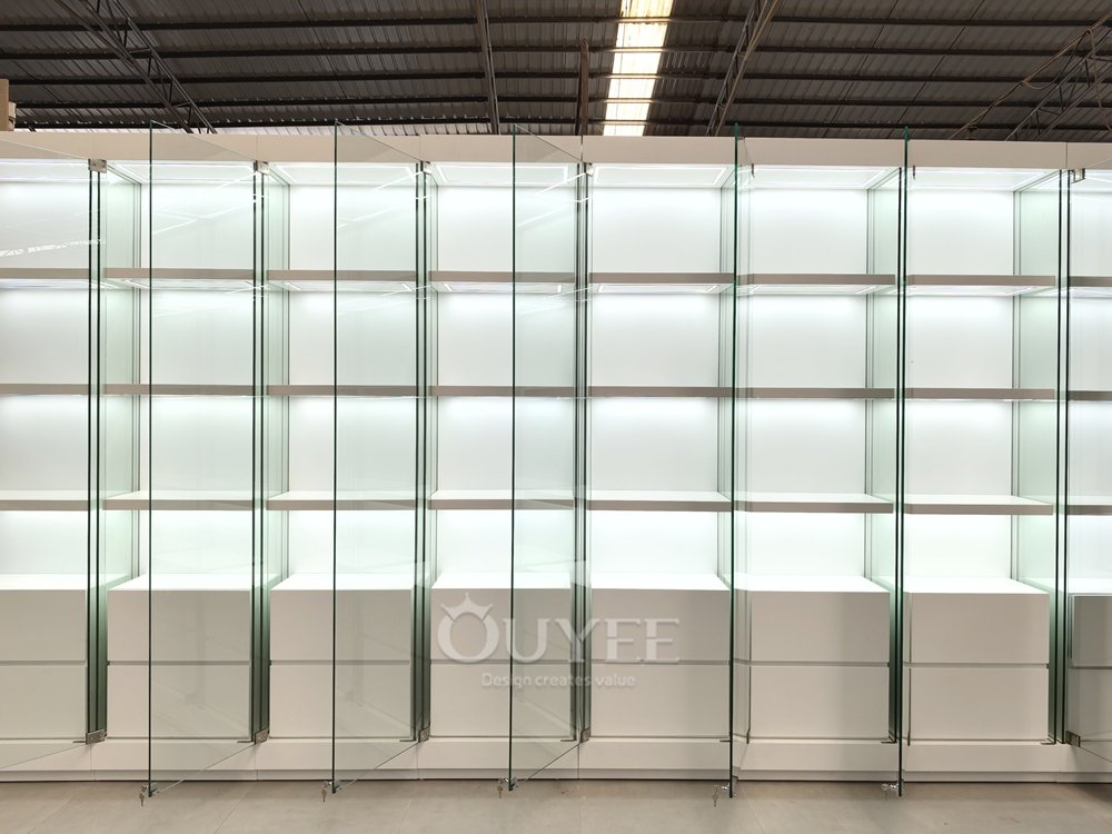 Frosted White Glass Display Cabinet Wall with Base Storage 06
