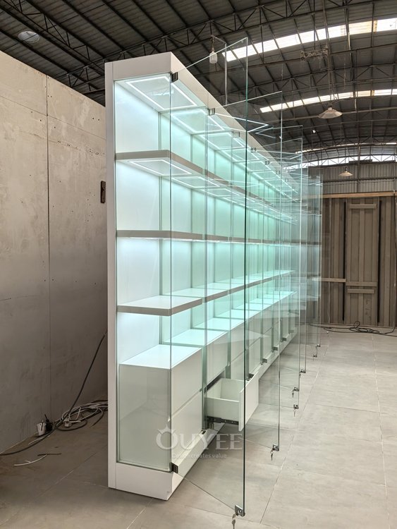 Frosted White Glass Display Cabinet Wall with Base Storage 07