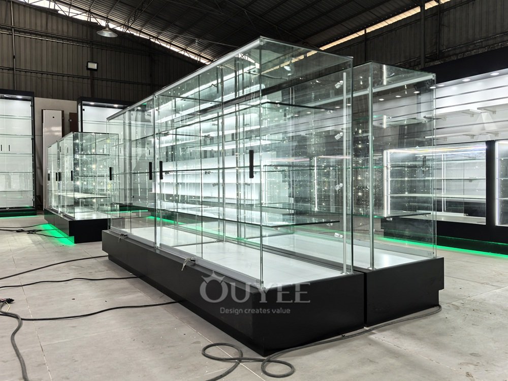 Full Height Glass Showcase Island with Black Plinth Base 01