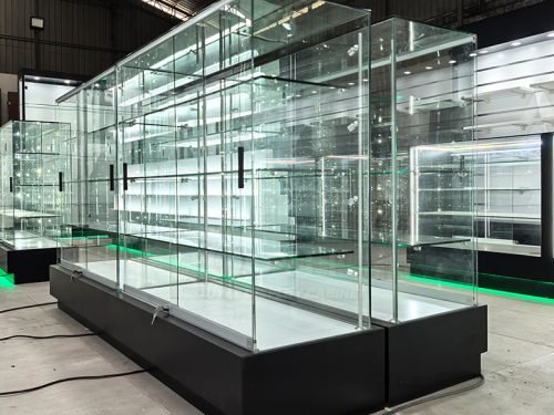 Full Height Glass Showcase Island with Black Plinth Base 01