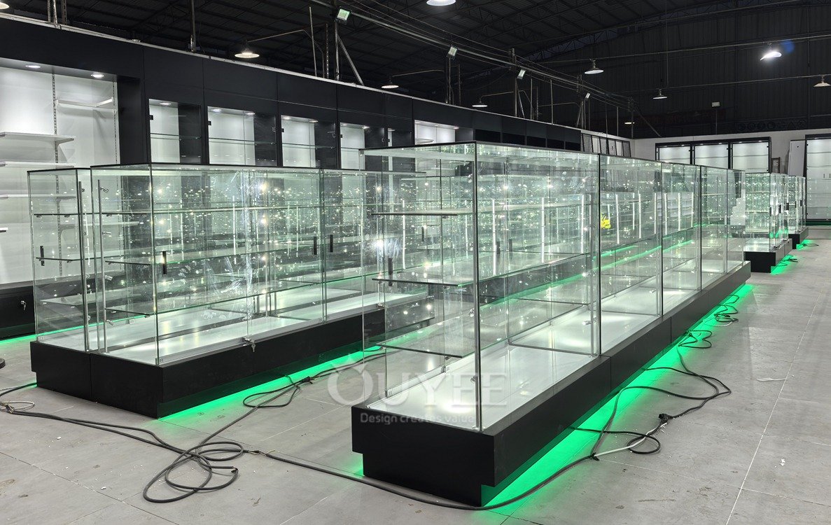 Full Height Glass Showcase Island with Black Plinth Base 02