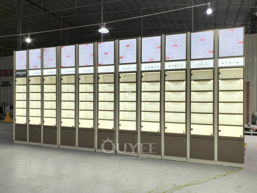 Full Height Illuminated Display Cabinet Wall with Header Panels 01