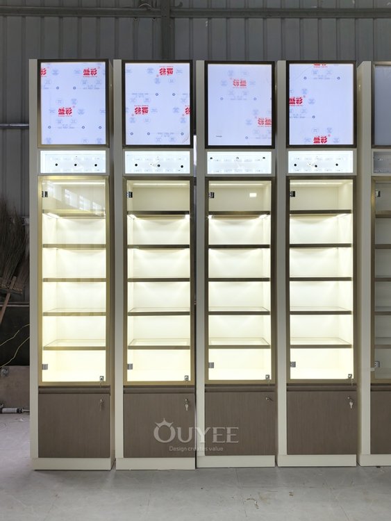 Full Height Illuminated Display Cabinet Wall with Header Panels 02
