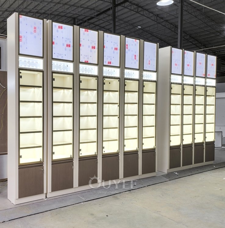 Full Height Illuminated Display Cabinet Wall with Header Panels 04