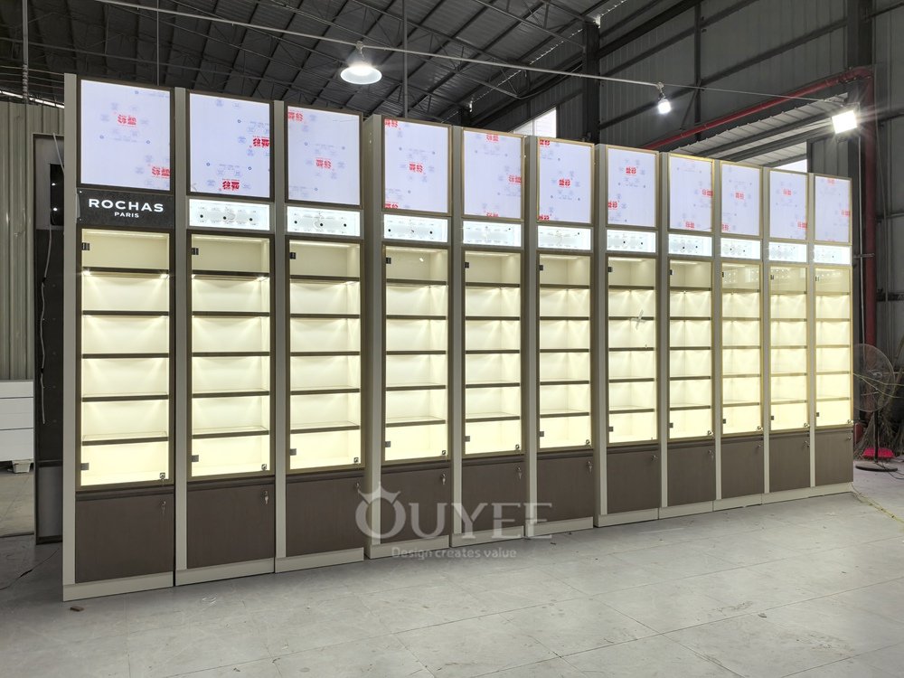Full Height Illuminated Display Cabinet Wall with Header Panels 06