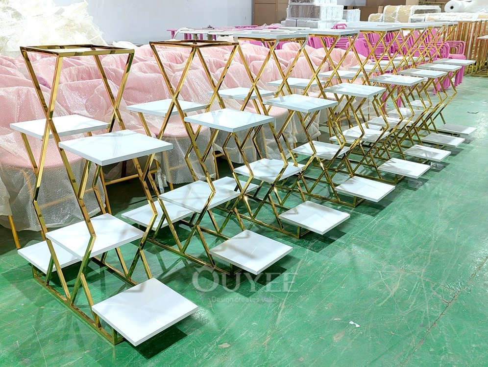 Gold Frame Freestanding Display Stand with Stone Bases 01