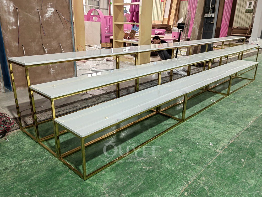 Gold Frame Freestanding Display Stand with Stone Bases 06