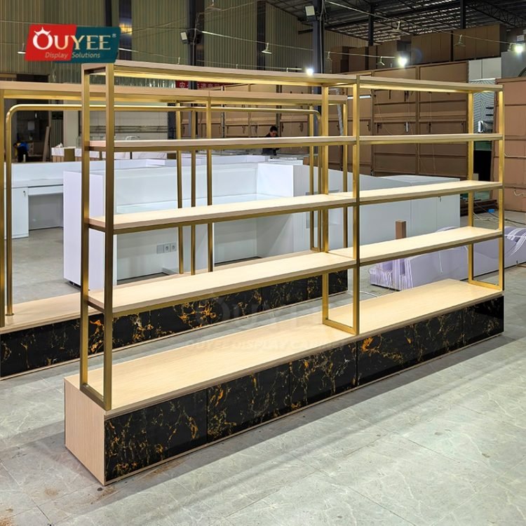 Gold Freestanding Tiered Display Rack | Custom Display Rack Manufacturer