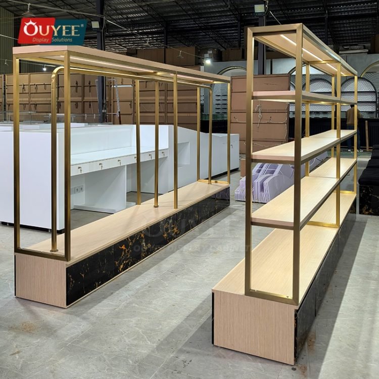 Gold Freestanding Tiered Display Rack | Custom Display Rack Manufacturer
