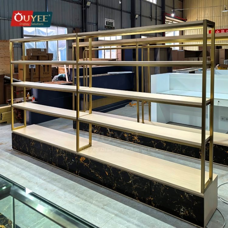 Gold Frame Rack Gold Freestanding Tiered Display Rack | Custom Display Rack Manufacturer