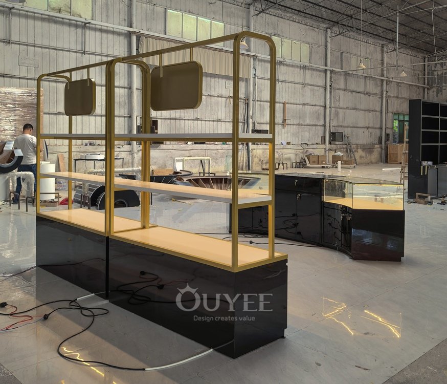 Gold Island Display Rack with Glass Counters 01