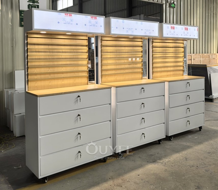 Gray Backlit Drawer Display Stand Wall Unit 01