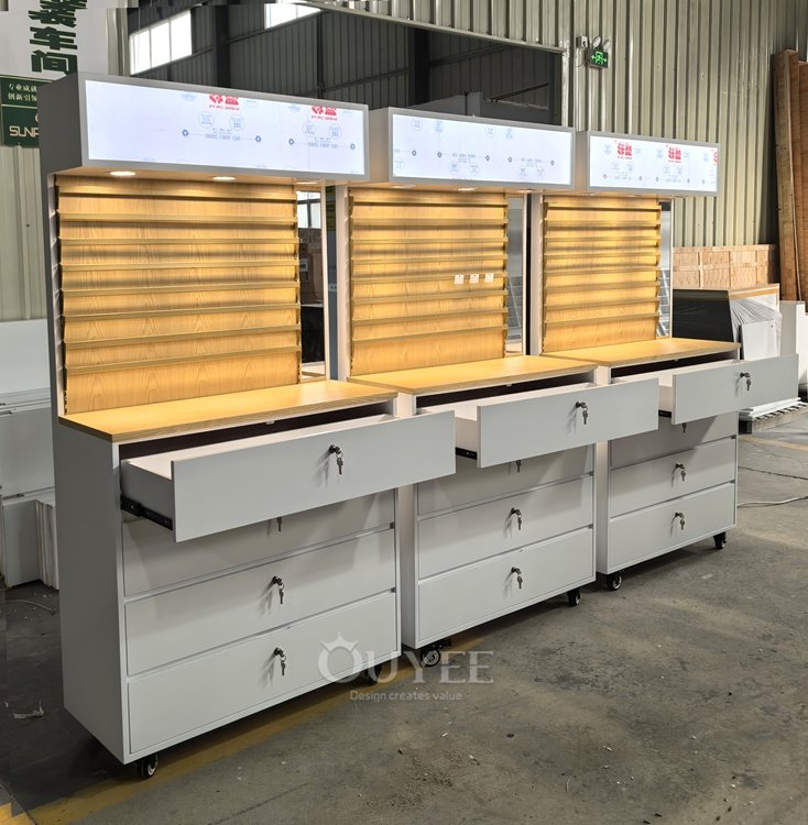 Gray Backlit Drawer Display Stand Wall Unit 05