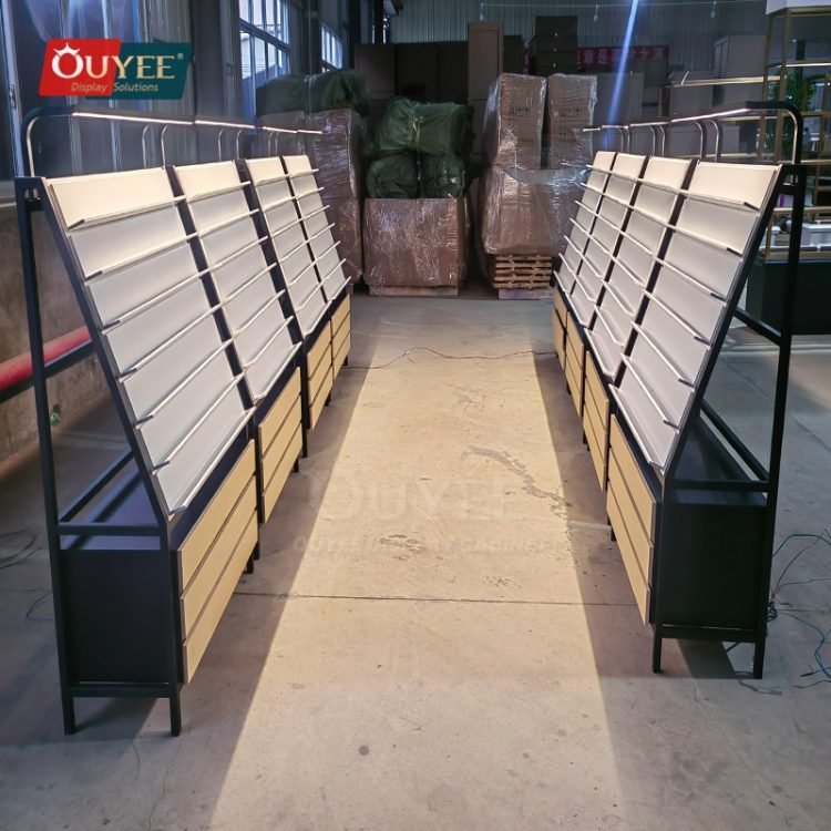 Slanting Display Rack Gray Slanted Shelf Wall Display Stand | Custom Display Stand Manufacturer