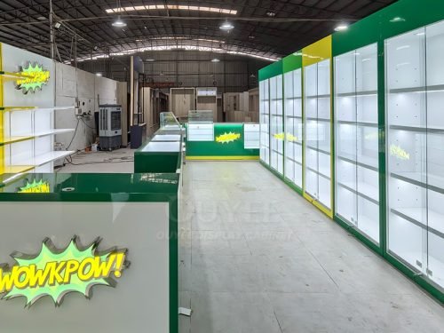 Green and White Retail Display Cabinet with Service Counter 01