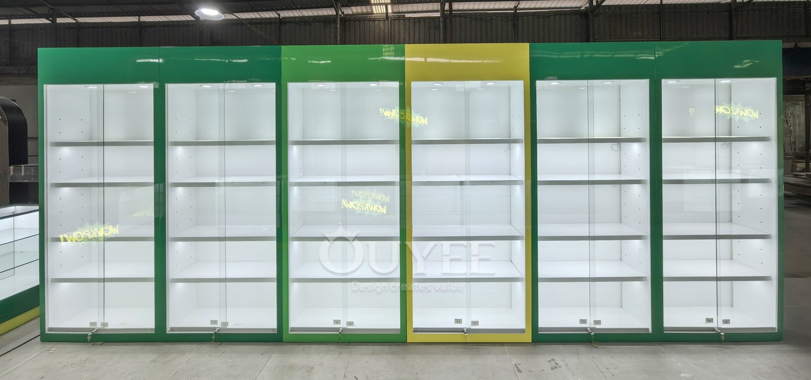 Green and White Retail Display Cabinet with Service Counter 05